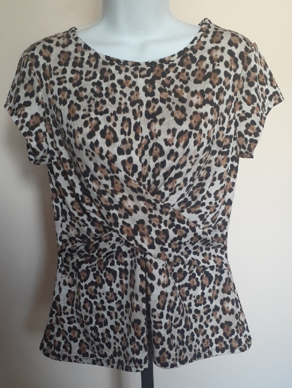 Marina Luna Leopard Print Short Sleeve Twist Front Top - Beige, Brown, Black M